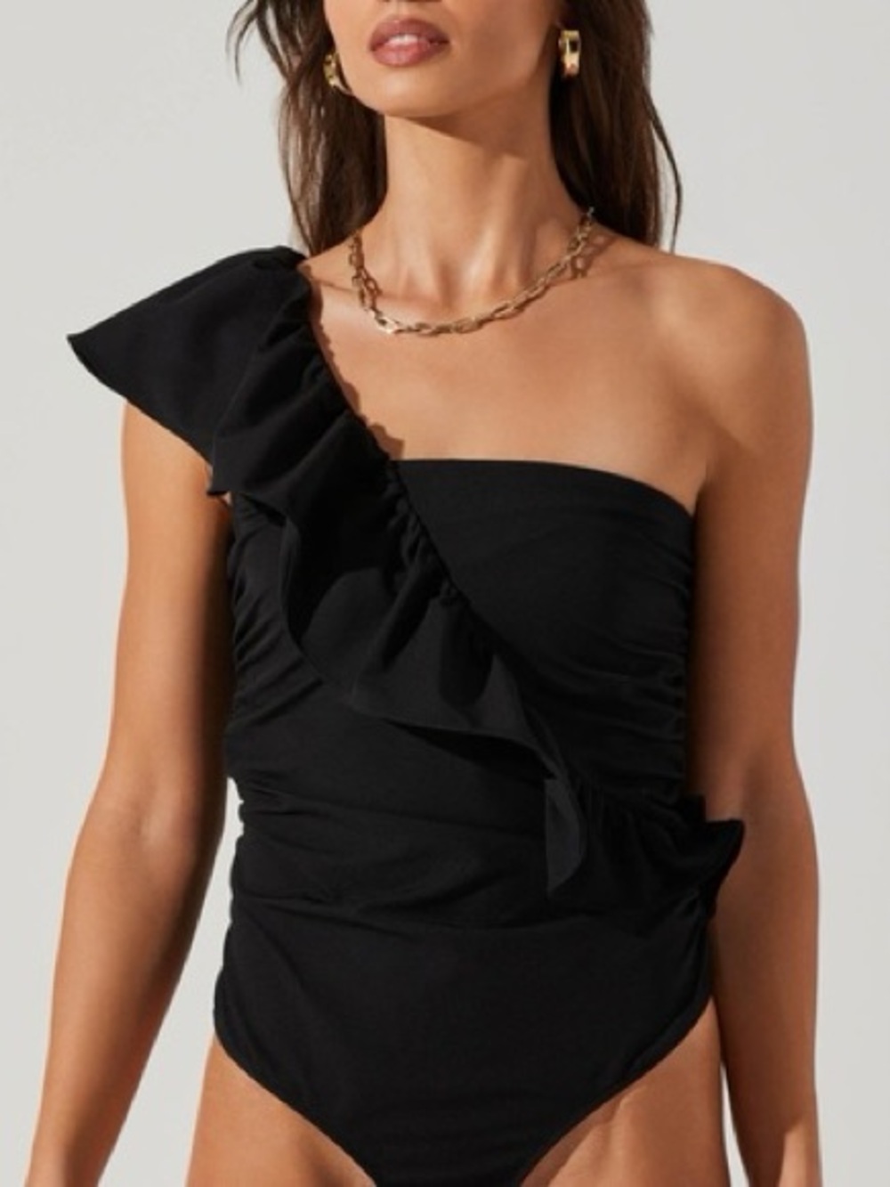 ASTR One-Shoulder Black Ruffle Bodysuit